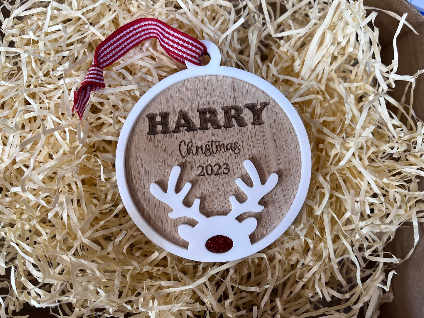 Large Luxury Oak and Acrylic Personalised Christmas Bauble