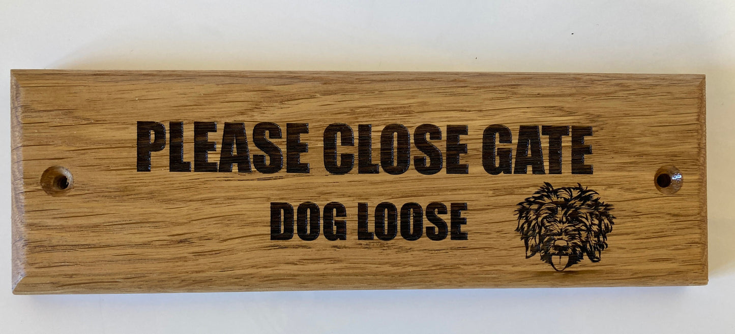 Solid Oak Engraved Custom Dog breed Close Gate Sign