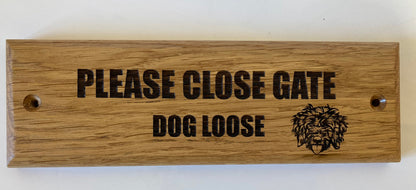 Solid Oak Engraved Custom Dog breed Close Gate Sign