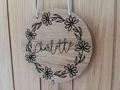 Flowers Wooden Bedroom Name Sign with or without Tassel