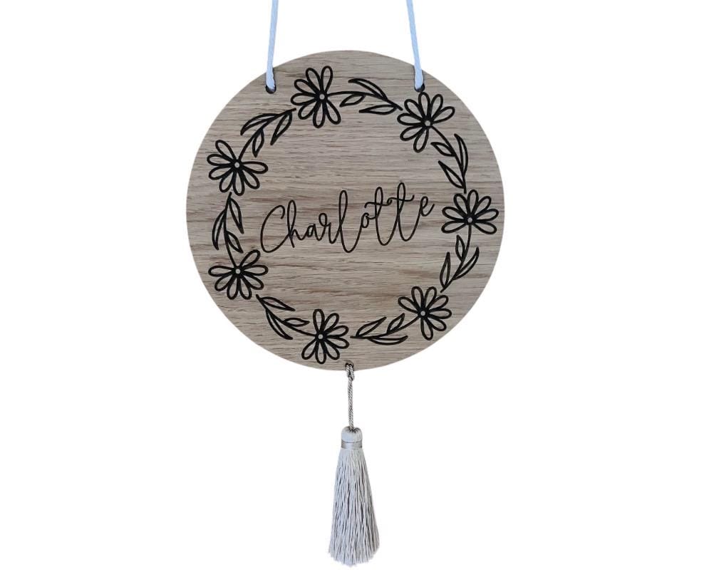 Flowers Wooden Bedroom Name Sign with or without Tassel