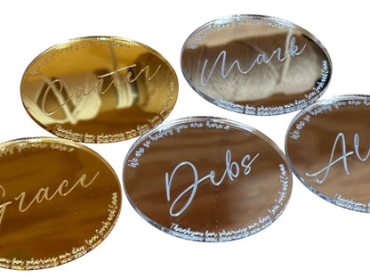 Mirror Acrylic Wedding Table Name-place - with optional personal message on outer edge